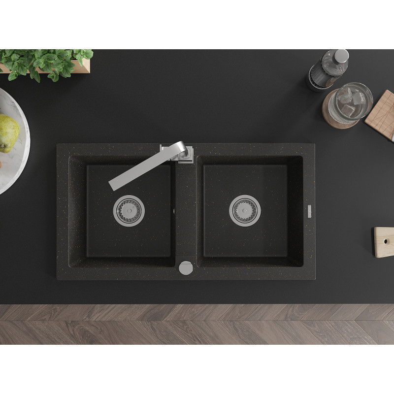 Mexen Mario chiuvetă de granit cu 2 boluri și baterie de bucătărie Rita, negru/auriu metalic - 6504-75-670300-00