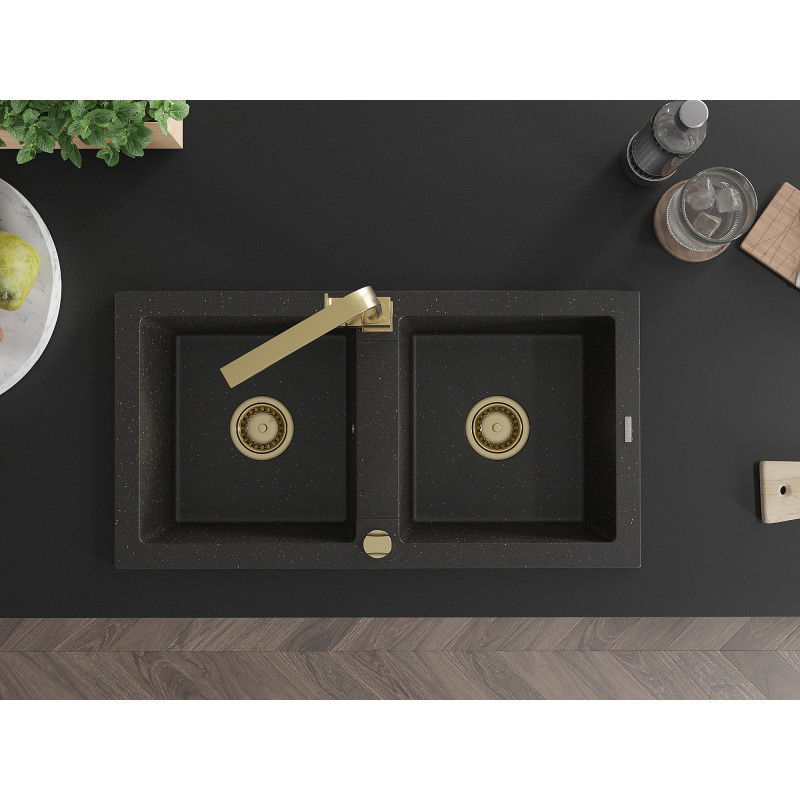 Mexen Mario 2 rekeszes gránit mosogató Rita konyhai csappal, fekete/arany metál - 6504-75-670300-50