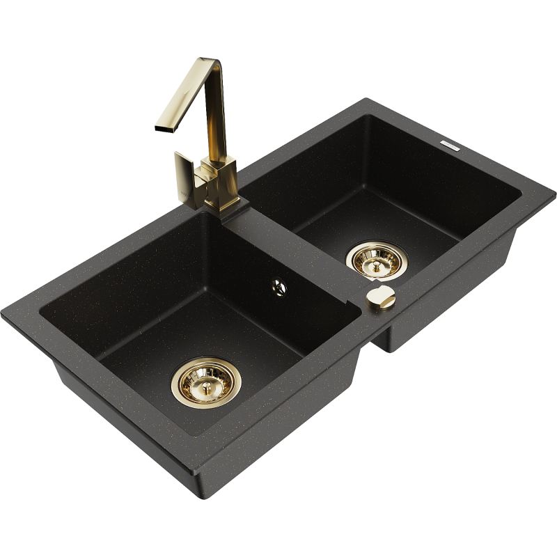Mexen Mario chiuvetă de bucătărie din granit cu 2 compartimente și baterie Rita, negru/auriu metalic - 6504-75-670300-50