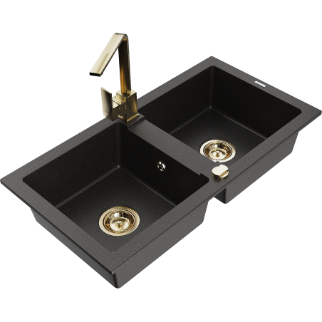 Mexen Mario chiuvetă de bucătărie din granit cu 2 compartimente și baterie Rita, negru/auriu metalic - 6504-75-670300-50