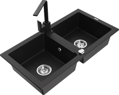 Mexen Mario 2 rekeszes gránit mosogató Rita konyhai csappal, fekete - 6504-77-670300-70