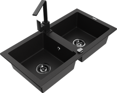 Mexen Mario 2 rekeszes gránit mosogató Rita konyhai csapteleppel, fekete - 6504-77-670300-70-B