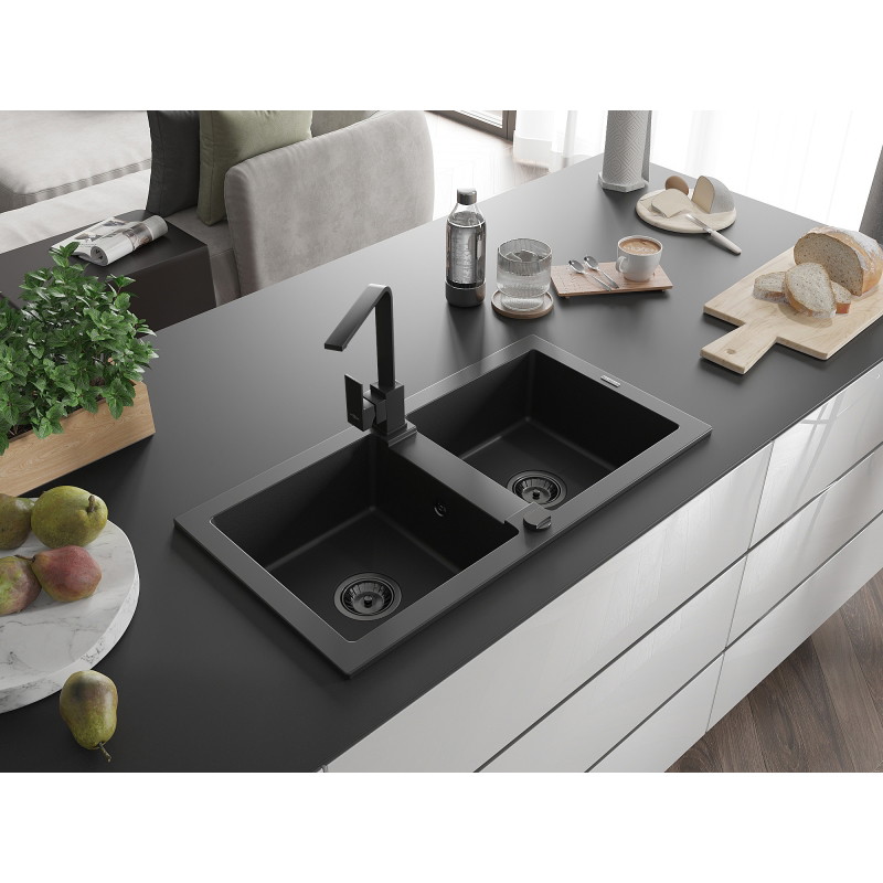 Mexen Mario gránit 2 rekeszes mosogató Rita konyhai csapteleppel, fekete - 6504-77-670300-70-B