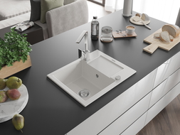 Mexen Enzo gránit konyhai mosogató 1-medencés csepegtetővel és Rita konyhai csapteleppel, fehér - 6506-20-670300-00