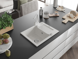 Mexen Enzo chiuvetă de granit cu 1 compartiment și scurgător și baterie de bucătărie Rita, alb - 6506-20-670300-20