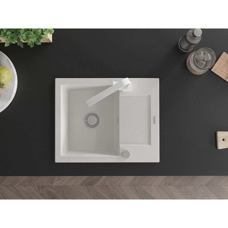 Mexen Enzo chiuvetă de granit cu 1 compartiment și scurgător și baterie de bucătărie Rita, alb - 6506-20-670300-20