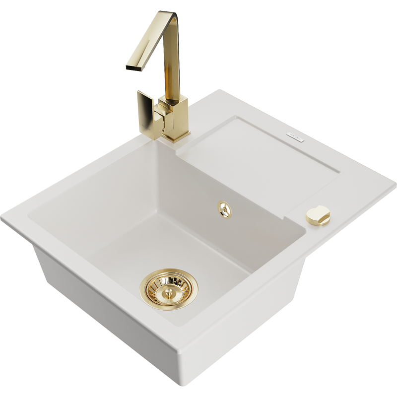 Mexen Enzo chiuvetă de granit cu o cuvă și scurgător, cu baterie de bucătărie Rita, albă - 6506-20-670300-50