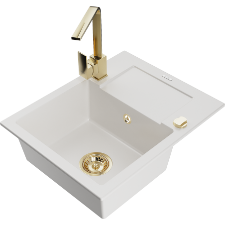 Mexen Enzo chiuvetă de granit cu o cuvă și scurgător, cu baterie de bucătărie Rita, albă - 6506-20-670300-50