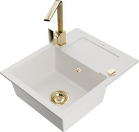 Mexen Enzo 1-medencés gránit mosogató lefolyóval és Rita konyhai csapteleppel, fehér - 6506-20-670300-50