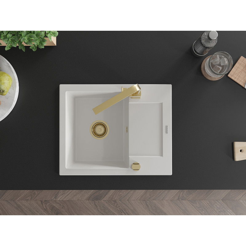 Mexen Enzo 1-medencés gránit mosogató lefolyóval és Rita konyhai csapteleppel, fehér - 6506-20-670300-50