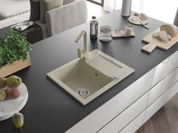 Mexen Enzo egymedencés gránit mosogató csepptálcával és Rita konyhai csapteleppel, bézs - 6506-69-670300-69