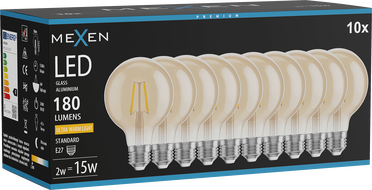 Mexen Vintis 10x LED filament izzó E27, G80, 2W, Meleg - 2200K, 180 lm, borostyán - L155-E27-0222-50x10