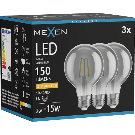 Mexen Vintis 3x LED filament izzó E27, G80, 2W, Meleg - 2200K, 150 lm, füstszínű - L155-E27-0222-70x03