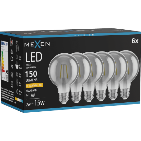 Mexen Vintis 6x Bec cu filament LED E27, G80, 2W, Cald - 2200K, 150 lm, fumuriu - L155-E27-0222-70x06