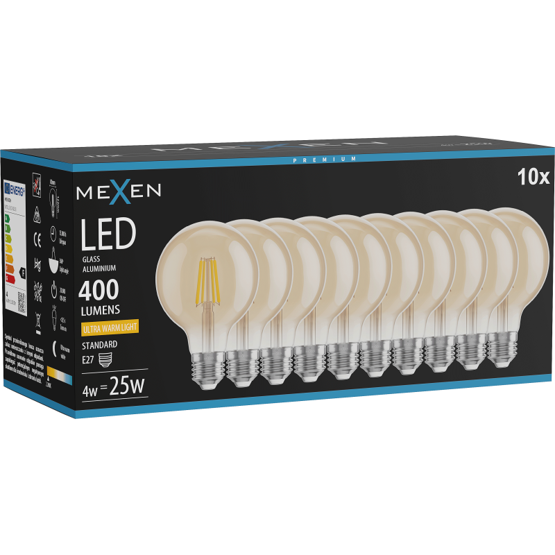 Mexen Vintis 10 db LED-szálas izzó E27, G80, 4W, Meleg - 2200K, 400 lm, borostyán - L155-E27-0422-50x10