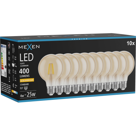Mexen Vintis 10 db LED-szálas izzó E27, G80, 4W, Meleg - 2200K, 400 lm, borostyán - L155-E27-0422-50x10