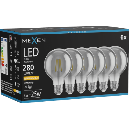 Mexen Vintis 6x LED filament izzó E27, G80, 4W, Meleg - 2200K, 280 lm, füst - L155-E27-0422-70x06