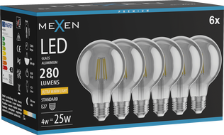 Mexen Vintis 6x LED filament izzó E27, G80, 4W, Meleg - 2200K, 280 lm, füst - L155-E27-0422-70x06