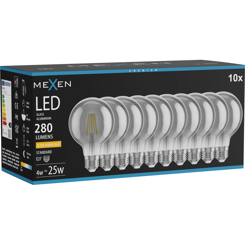 Mexen Vintis 10x LED filament izzó E27, G80, 4W, Meleg - 2200K, 280 lm, füstszínű - L155-E27-0422-70x10