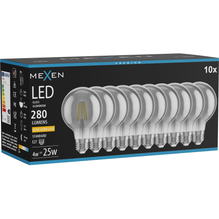 Mexen Vintis 10x LED filament izzó E27, G80, 4W, Meleg - 2200K, 280 lm, füstszínű - L155-E27-0422-70x10