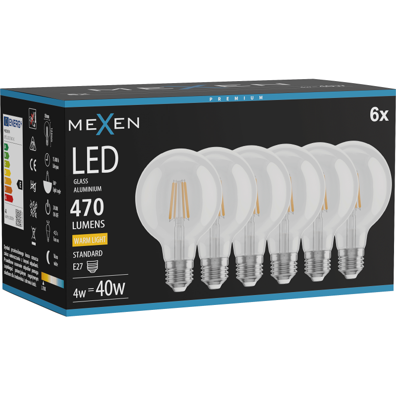 Mexen Vintis 6x Bec LED filament E27, G80, 4W, Caldă - 2700K, 470 lm, clar - L155-E27-0427-00x06