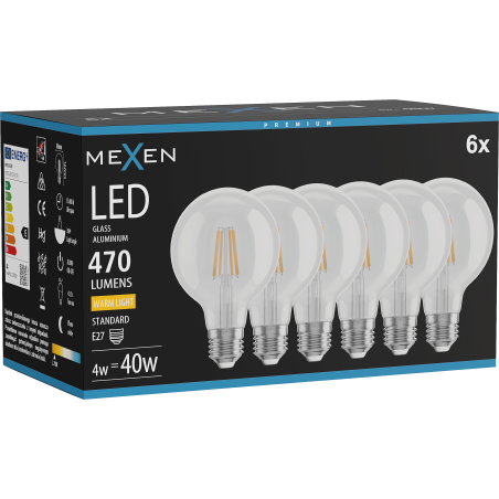 Mexen Vintis 6x Bec LED filament E27, G80, 4W, Caldă - 2700K, 470 lm, clar - L155-E27-0427-00x06