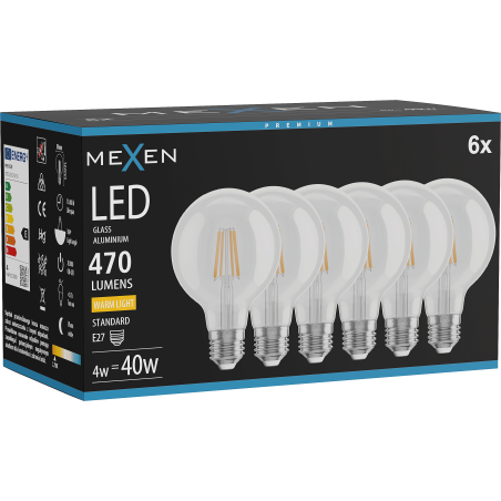Mexen Vintis 6x LED filament izzólámpa E27, G80, 4W, Meleg - 2700K, 470 lm, átlátszó - L155-E27-0427-00x06