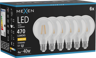 Mexen Vintis 6x LED filament izzólámpa E27, G80, 4W, Meleg - 2700K, 470 lm, átlátszó - L155-E27-0427-00x06