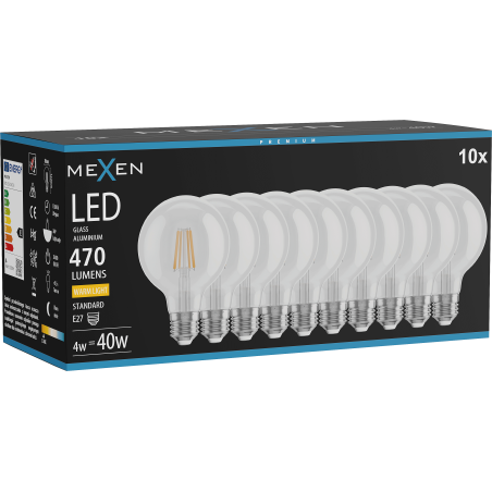 Mexen Vintis 10x LED filament izzó E27, G80, 4W, Meleg - 2700K, 470 lm, átlátszó - L155-E27-0427-00x10