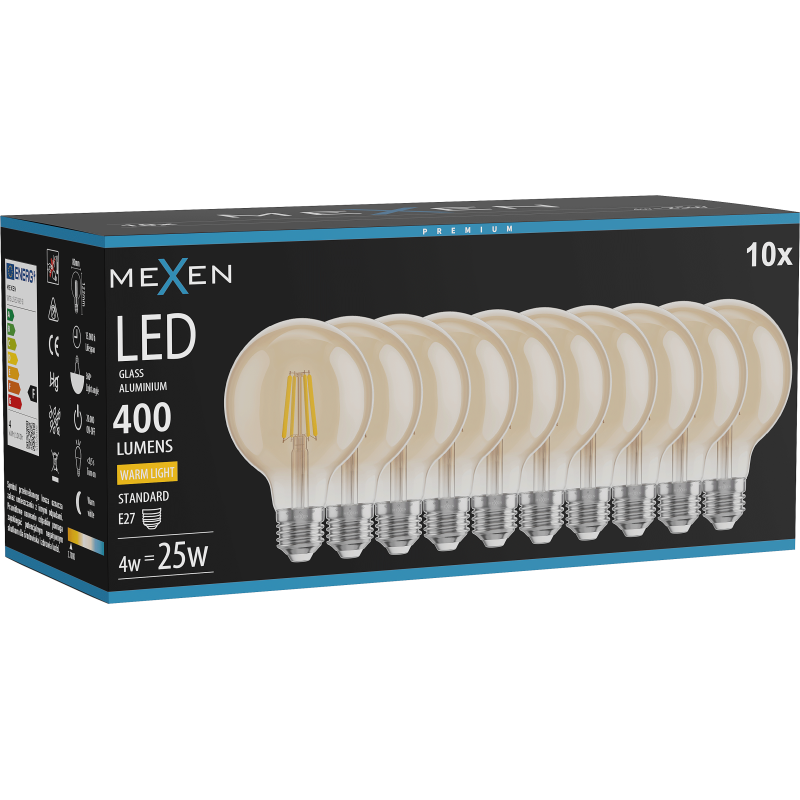 Mexen Vintis 10x LED filament izzó E27, G80, 4W, Meleg - 2700K, 400 lm, borostyán - L155-E27-0427-50x10