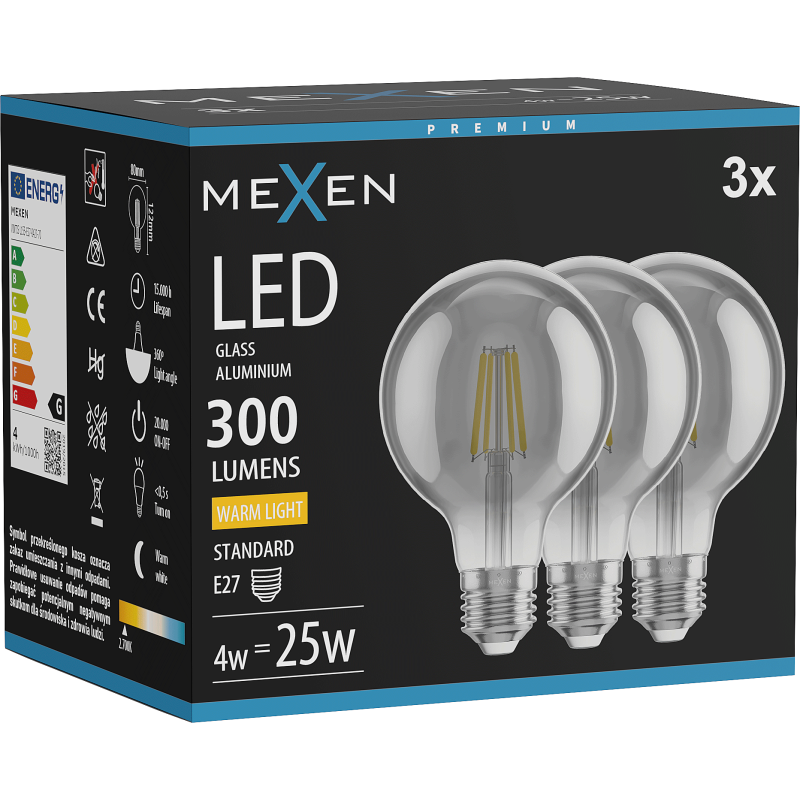 Mexen Vintis 3x Bec LED filament E27, G80, 4W, Cald - 2700K, 300 lm, fumuriu - L155-E27-0427-70x03