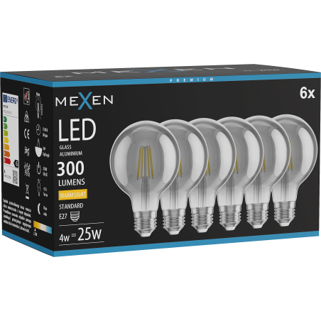 Mexen Vintis 6x LED izzószálas E27, G80, 4W, Meleg - 2700K, 300 lm, füstszínű - L155-E27-0427-70x06