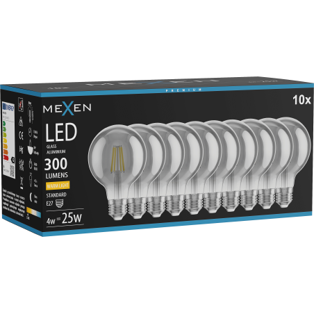 Mexen Vintis 10x LED filament izzó E27, G80, 4W, Meleg - 2700K, 300 lm, füstös - L155-E27-0427-70x10