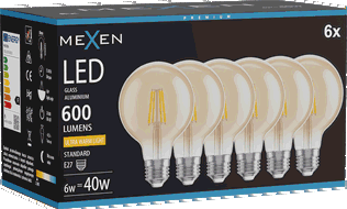 Mexen Vintis 6x Bec filament LED E27, G80, 6W, Caldă - 2200K, 600 lm, chihlimbar - L155-E27-0622-50x06