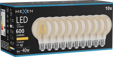 Mexen Vintis 10x filament LED izzó E27, G80, 6W, Meleg - 2200K, 600 lm, borostyán - L155-E27-0622-50x10