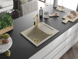 Mexen Enzo 1-medencés gránit mosogató csepegtetővel és Rita konyhai csapteleppel, bézs - 6506-69-670300-50