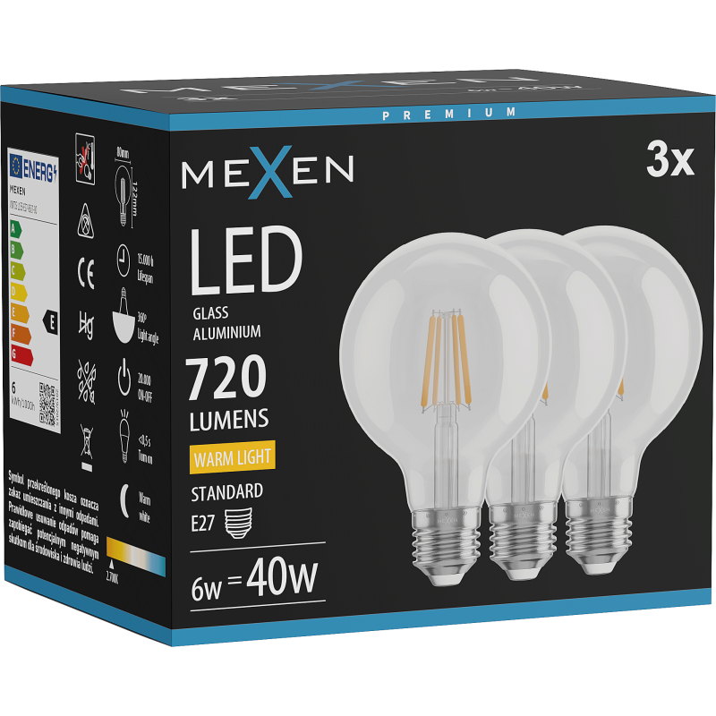 Mexen Vintis 3x LED filament izzó E27, G80, 6W, Meleg - 2700K, 720 lm, átlátszó - L155-E27-0627-00x03