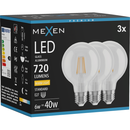Mexen Vintis 3x LED filament izzó E27, G80, 6W, Meleg - 2700K, 720 lm, átlátszó - L155-E27-0627-00x03