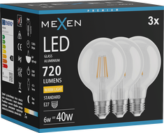 Mexen Vintis 3x LED filament izzó E27, G80, 6W, Meleg - 2700K, 720 lm, átlátszó - L155-E27-0627-00x03