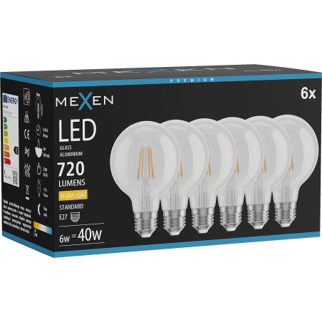 Mexen Vintis 6x LED filament izzó E27, G80, 6W, Meleg - 2700K, 720 lm, tiszta - L155-E27-0627-00x06