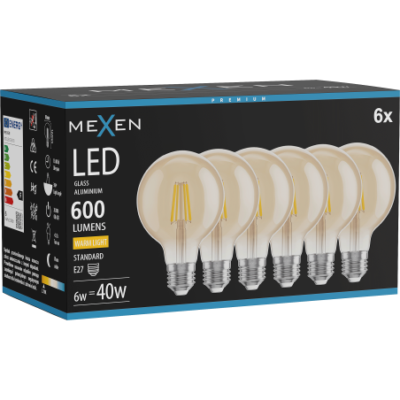 Mexen Vintis 6x LED filament izzó E27, G80, 6W, Meleg - 2700K, 400 lm, borostyán - L155-E27-0627-50x06
