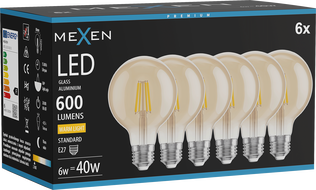 Mexen Vintis 6x LED filament izzó E27, G80, 6W, Meleg - 2700K, 400 lm, borostyán - L155-E27-0627-50x06