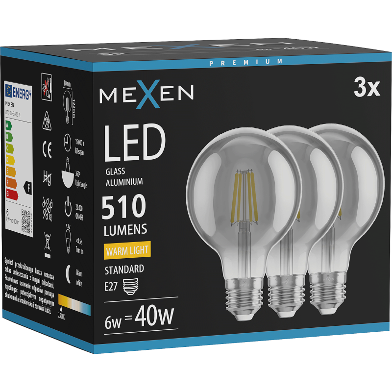 Mexen Vintis 3x Bec economic LED filament E27, G80, 6W, Caldă - 2700K, 510 lm, fumuriu - L155-E27-0627-70x03
