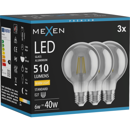 Mexen Vintis 3x Bec economic LED filament E27, G80, 6W, Caldă - 2700K, 510 lm, fumuriu - L155-E27-0627-70x03