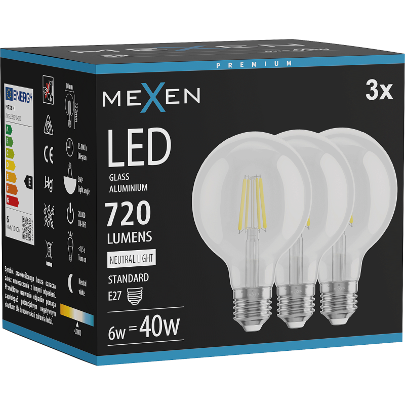 Mexen Vintis 3x Bec LED filament E27, G80, 6W, Neutru - 4000K, 720 lm, clar - L155-E27-0640-00x03