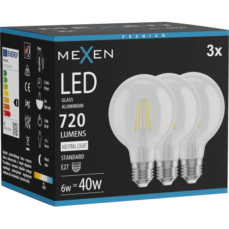 Mexen Vintis 3x Bec LED filament E27, G80, 6W, Neutru - 4000K, 720 lm, clar - L155-E27-0640-00x03