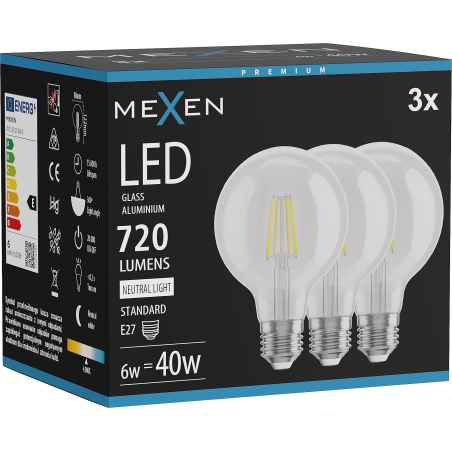 Mexen Vintis 3x Filament LED izzó E27, G80, 6W, Semleges - 4000K, 720 lm, átlátszó - L155-E27-0640-00x03