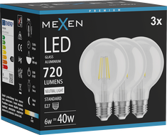 Mexen Vintis 3x Filament LED izzó E27, G80, 6W, Semleges - 4000K, 720 lm, átlátszó - L155-E27-0640-00x03