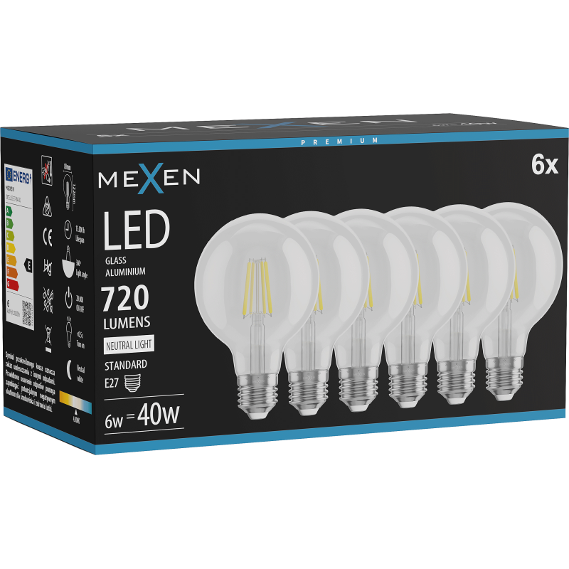 Mexen Vintis 6x Bec de filament LED E27, G80, 6W, Neutru - 4000K, 720 lm, clar - L155-E27-0640-00x06