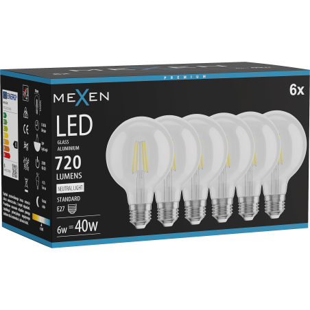 Mexen Vintis 6x Bec de filament LED E27, G80, 6W, Neutru - 4000K, 720 lm, clar - L155-E27-0640-00x06